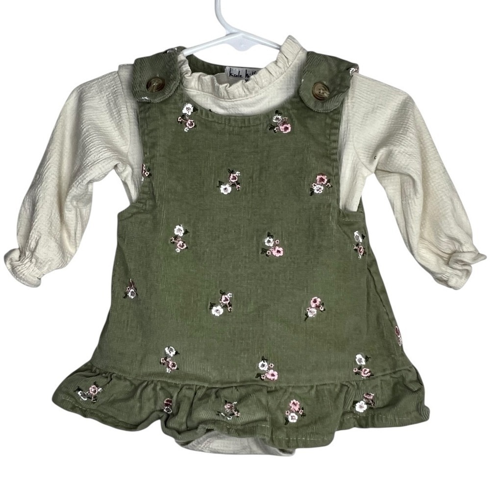 Nicole Miller New York Baby Girls Green Corduroy Floral Jumper Bodysuit Set 3/6M